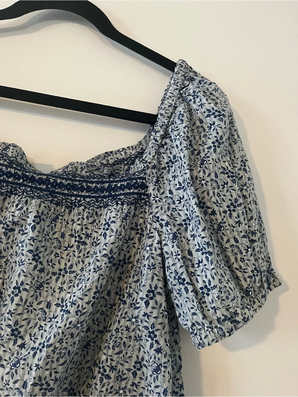 NWT Madewell Blue White Floral Puff Sleeve Crop Top Medium Cottagecore Cotton